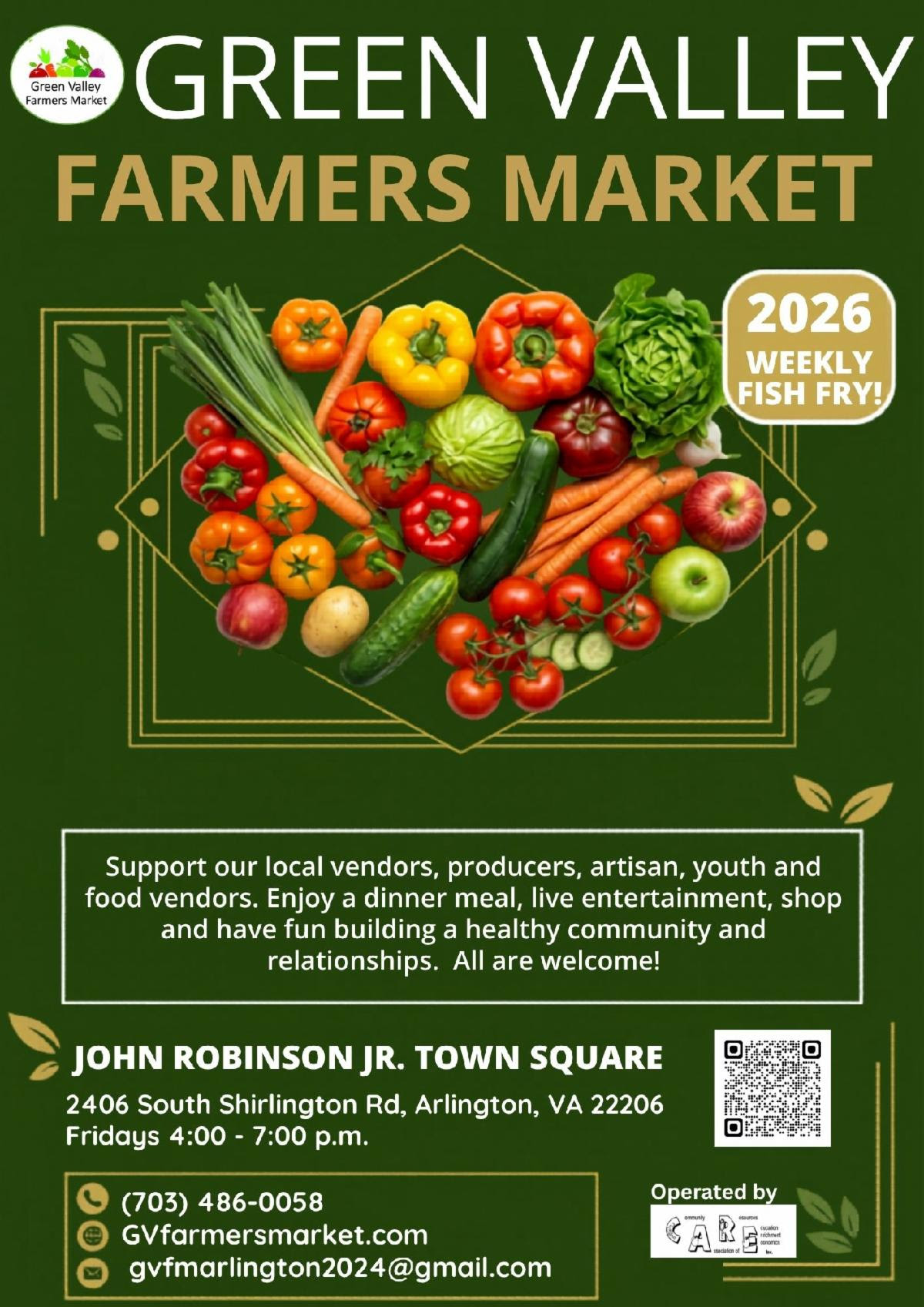 Green Valley Farmers Market flyer. Details are listed as text below.