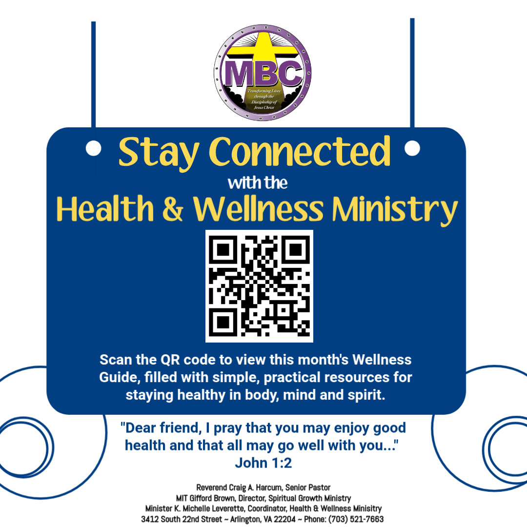 Stay Connected with the Health and Wellness Ministry flyer, including a QR code linking to this month&rsquo;s Wellness Guide.