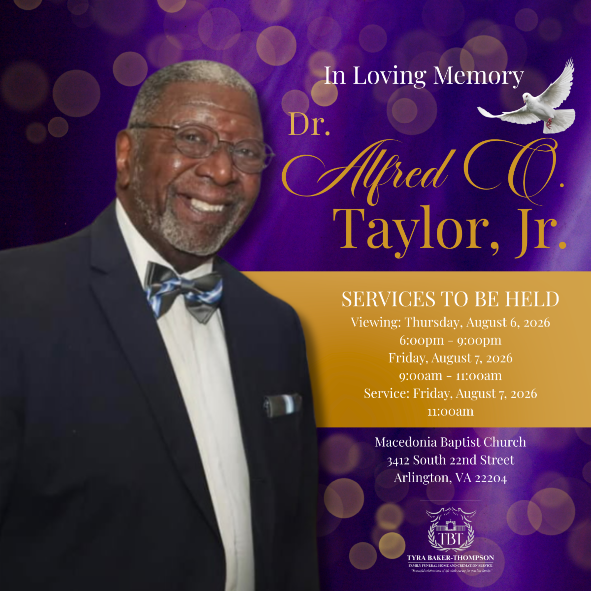 In Loving Memory flyer for Dr. Alfred O. Taylor, Jr., with service times listed as text below.