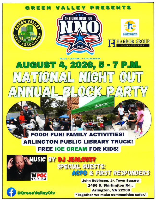Green Valley National Night Out Annual Block Party flyer. Details are listed as text below.