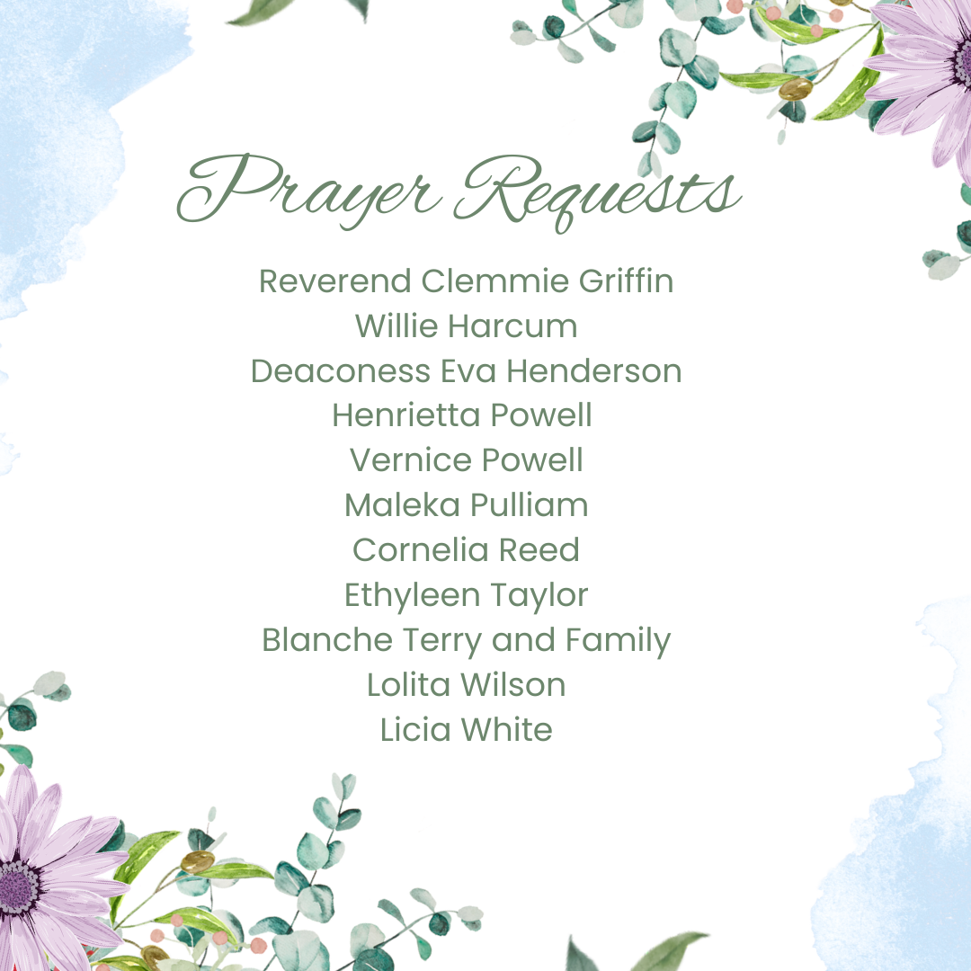 Prayer Requests flyer. The names are listed as text below.