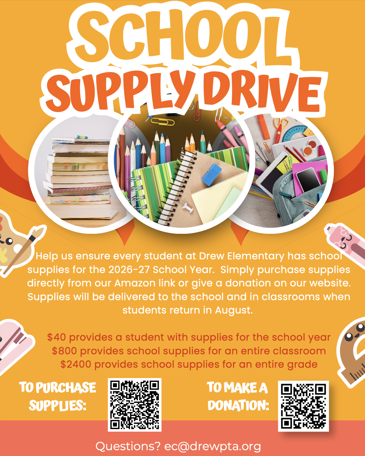 School Supply Drive flyer for Drew Elementary, including QR codes to purchase supplies or make a donation.