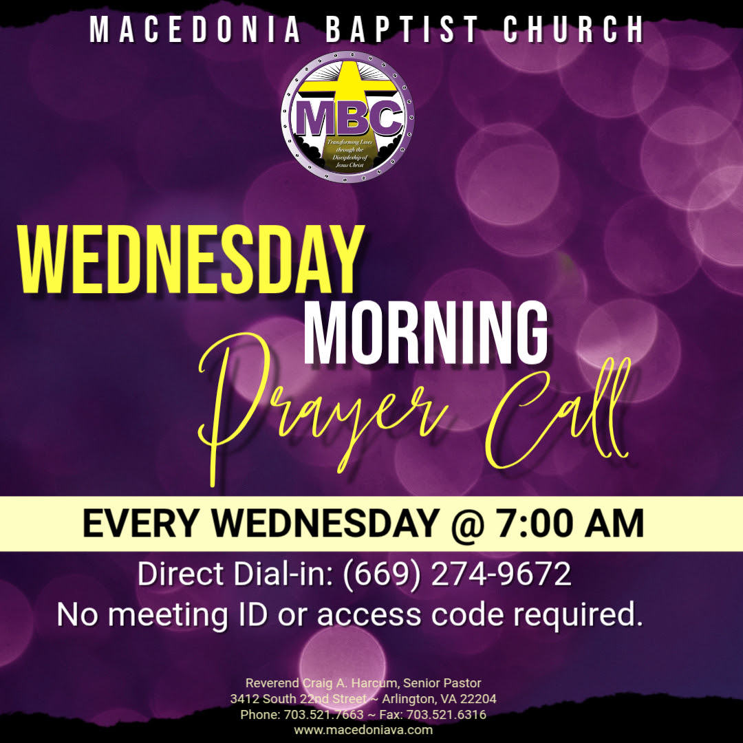 Wednesday Morning Prayer Call flyer. Dial-in details are listed as text below.