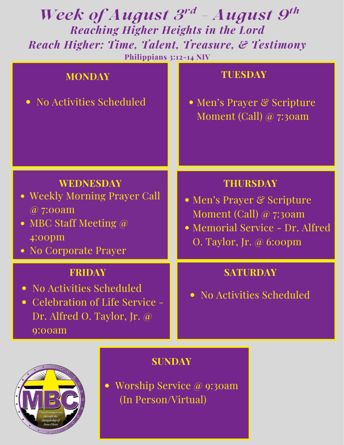 Weekly schedule flyer for the week of August 3 through August 9. The same information is listed as text below.